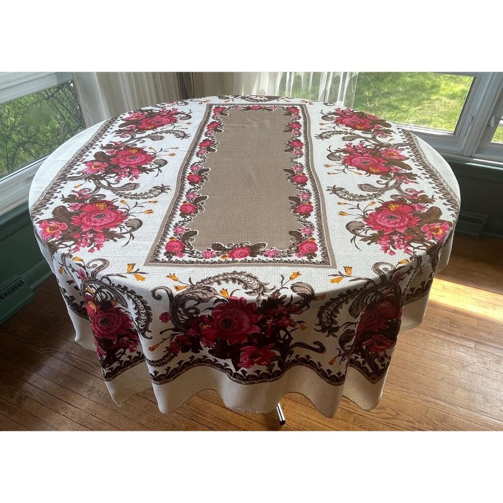 Vintage 70s tablecloth, rectangle, tan, cream, pink flowers, 50" x 73"